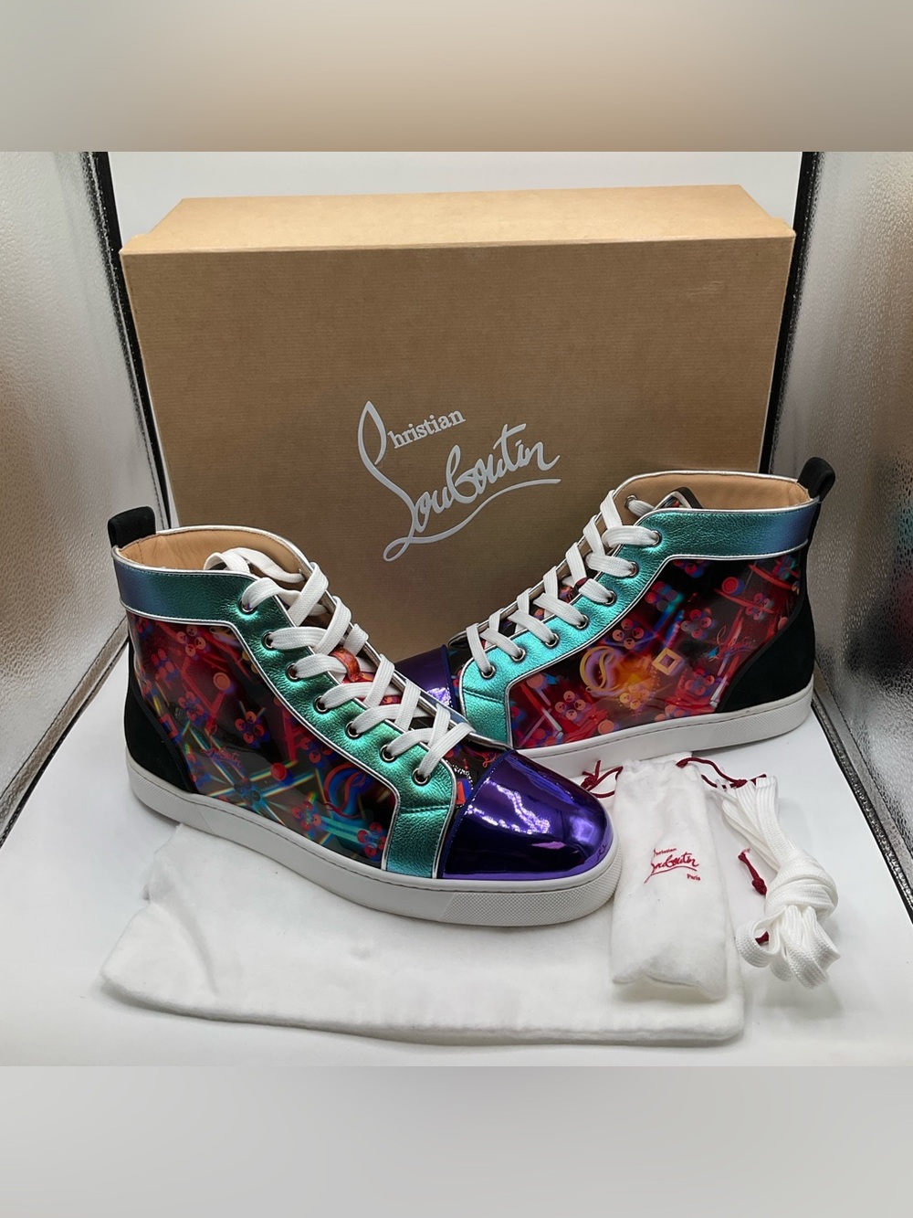 Men's Christian Louboutin Louis Orlato High Top Shoes Patent Disco 10.5 (US)